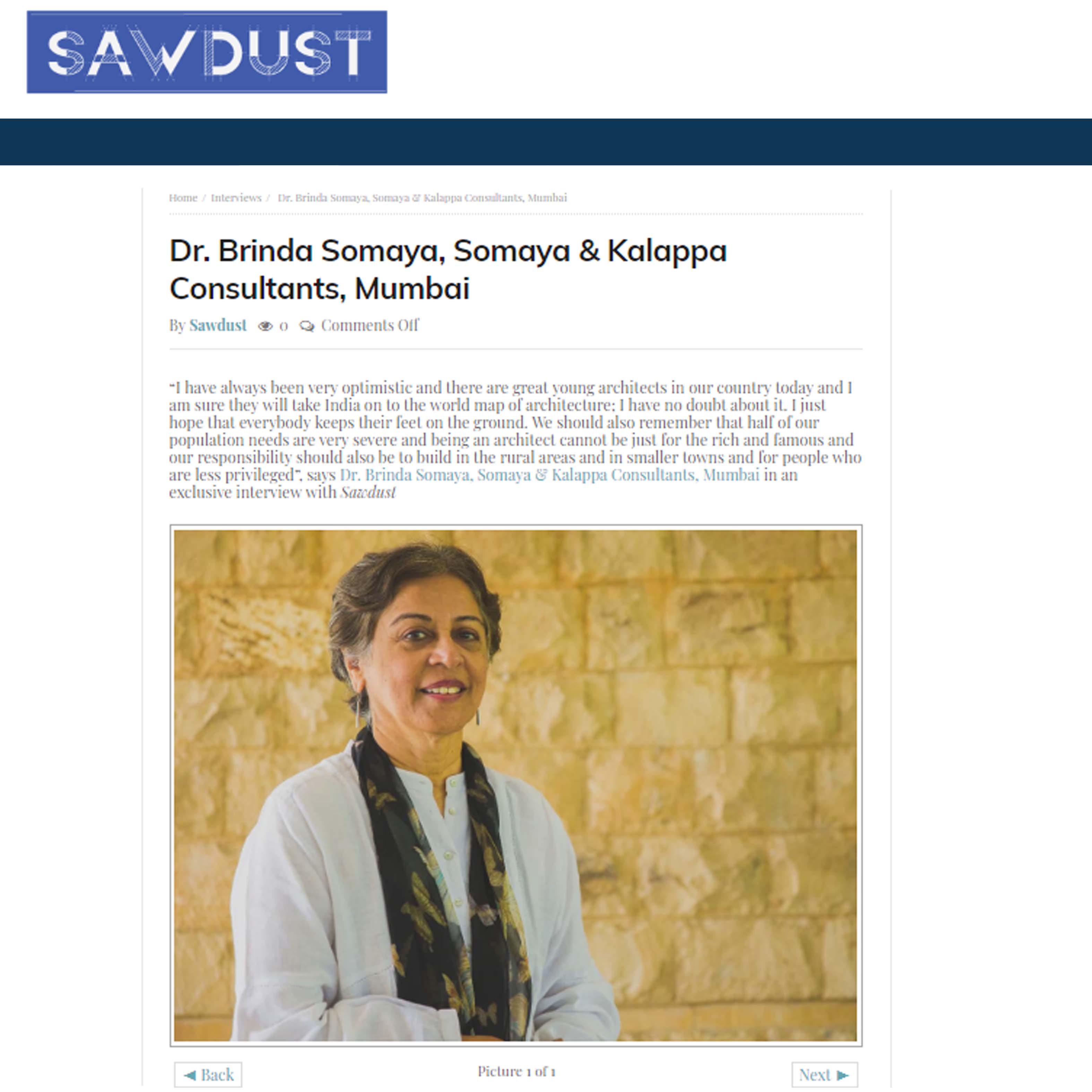 Dr. Brinda Somaya, Somaya & Kalappa Consultants, Mumbai - Sawdust , July 2018